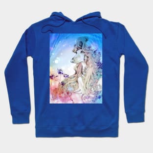 Whimsical Afghan Hound. Daisies. Mucha/Watson. From an Alphonse Mucha illustration. Blue. Hoodie